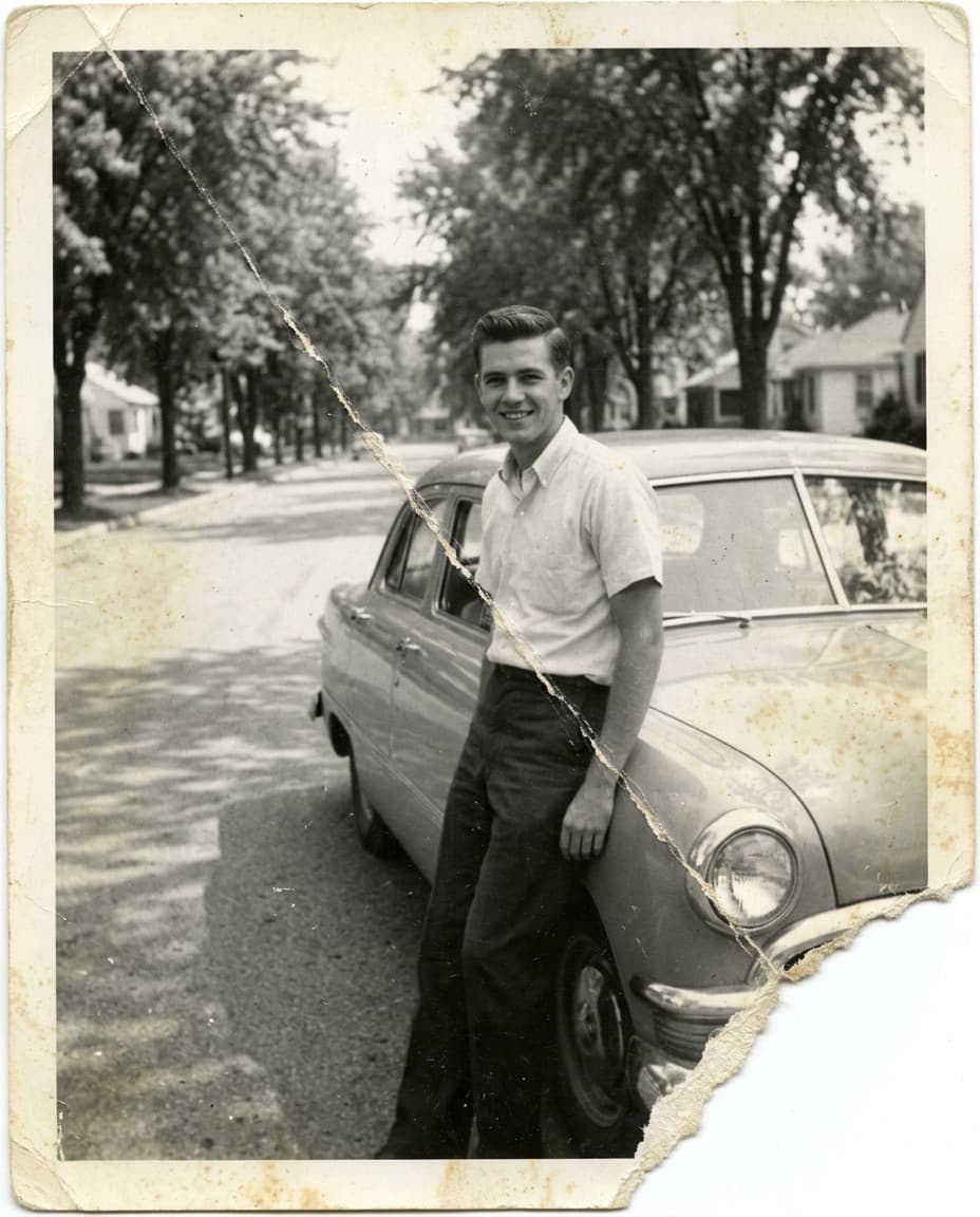 Original: A faded 1960s snapshot of a first car, creased down the middle