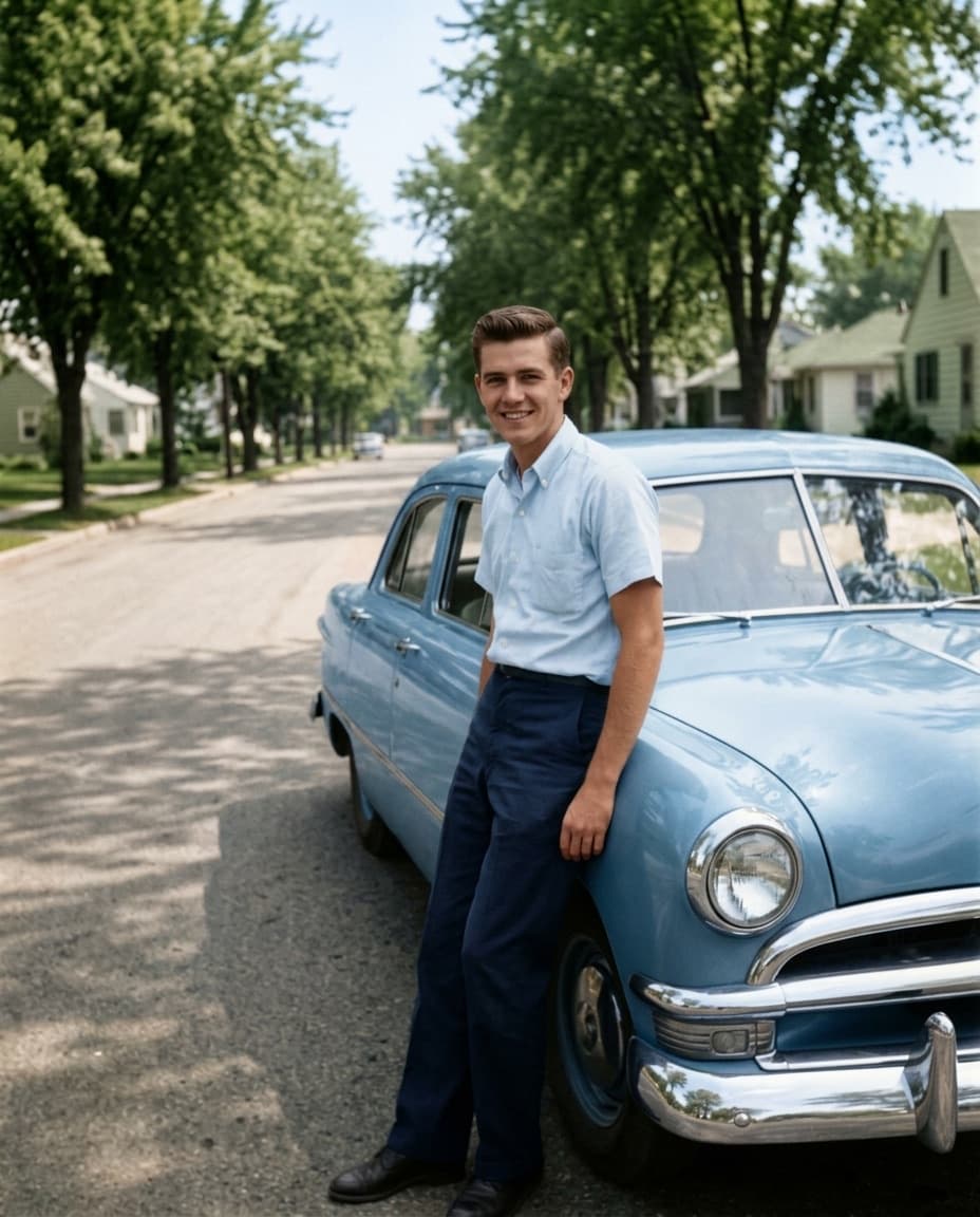 Restored: A faded 1960s snapshot of a first car, creased down the middle