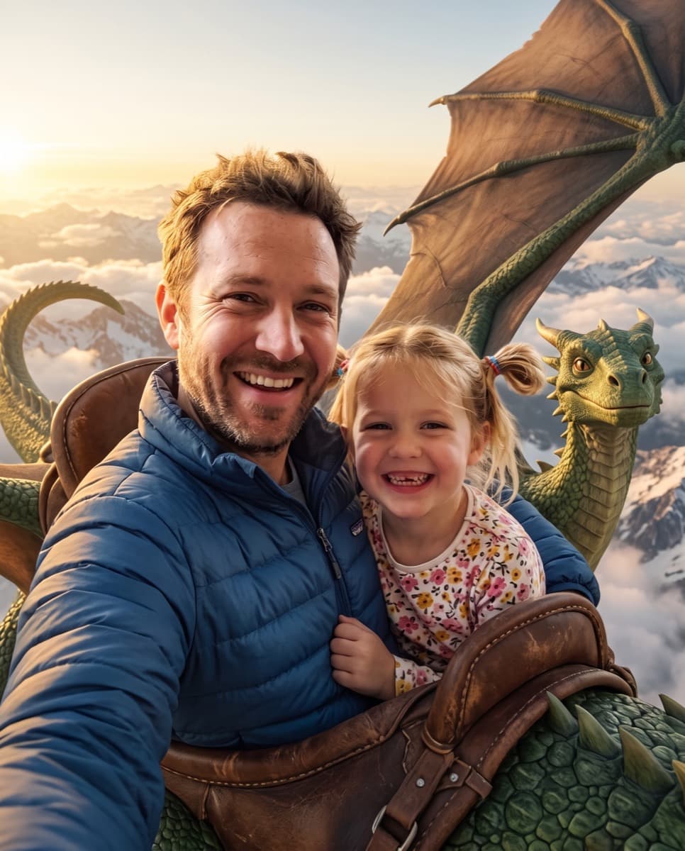 The same dad and daughter laughing on the back of a dragon, flying above snowy mountains