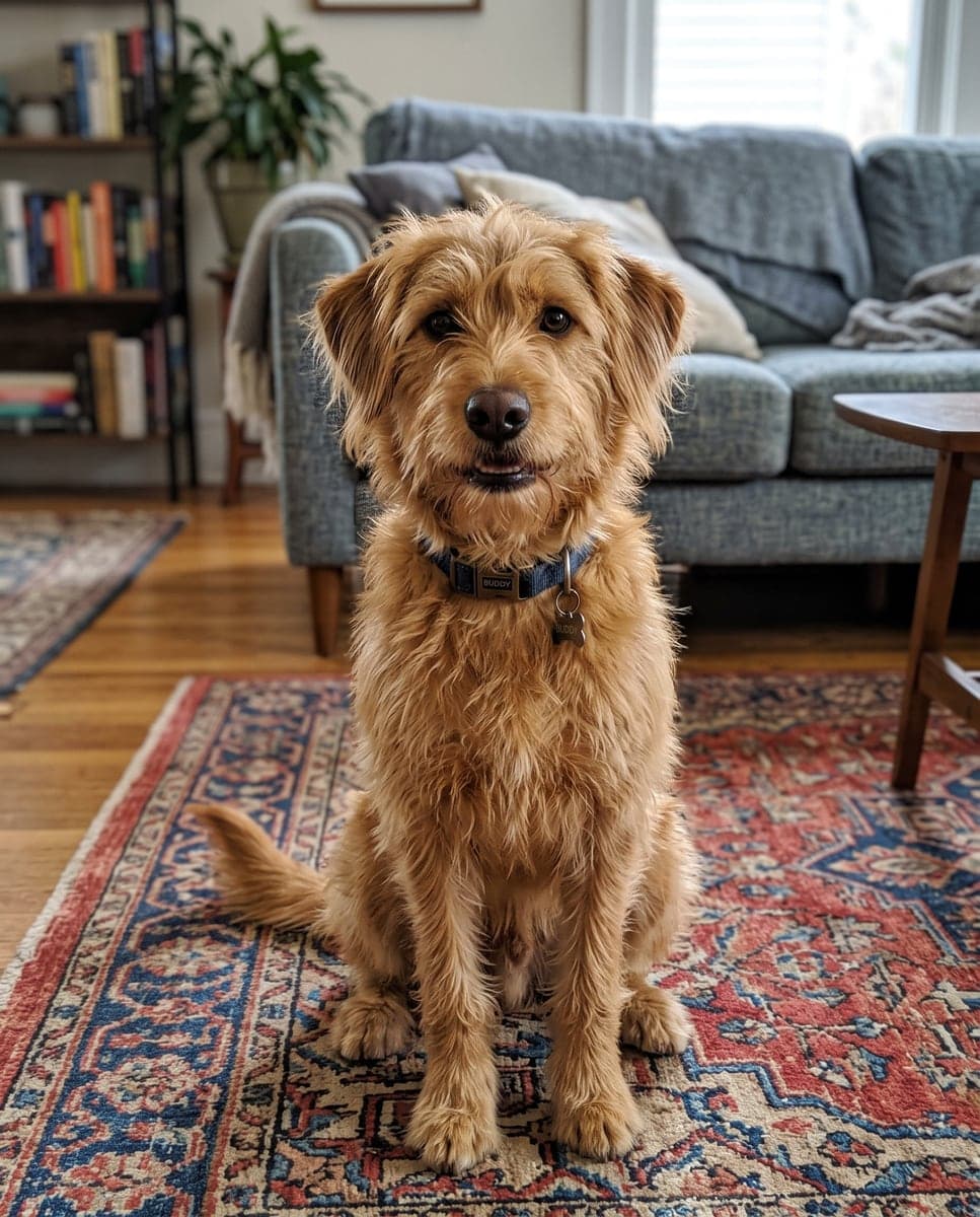 A photo of a golden mixed-breed dog on a rug