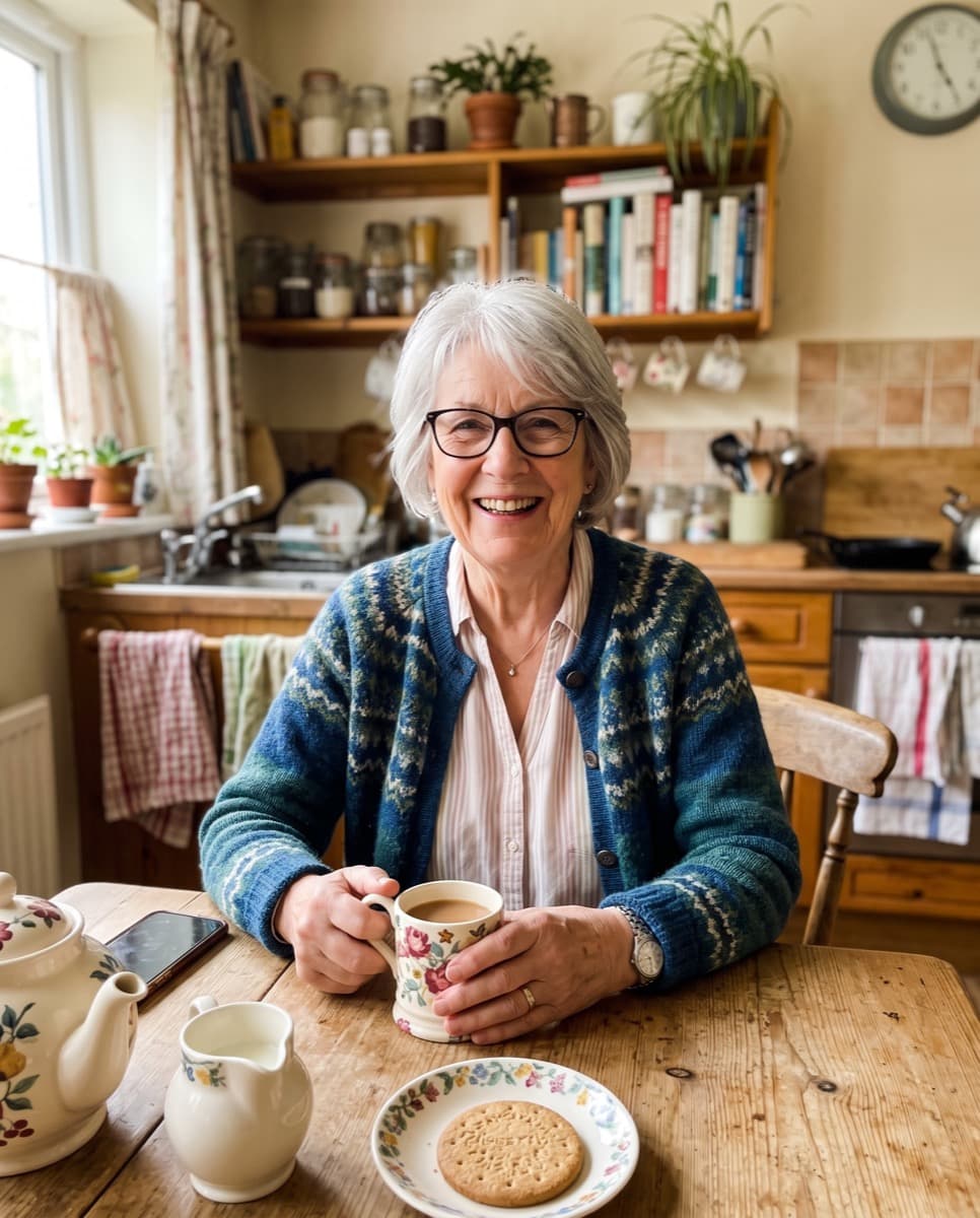 A casual photo of a smiling grandmother with a cup of tea at her kitchen table