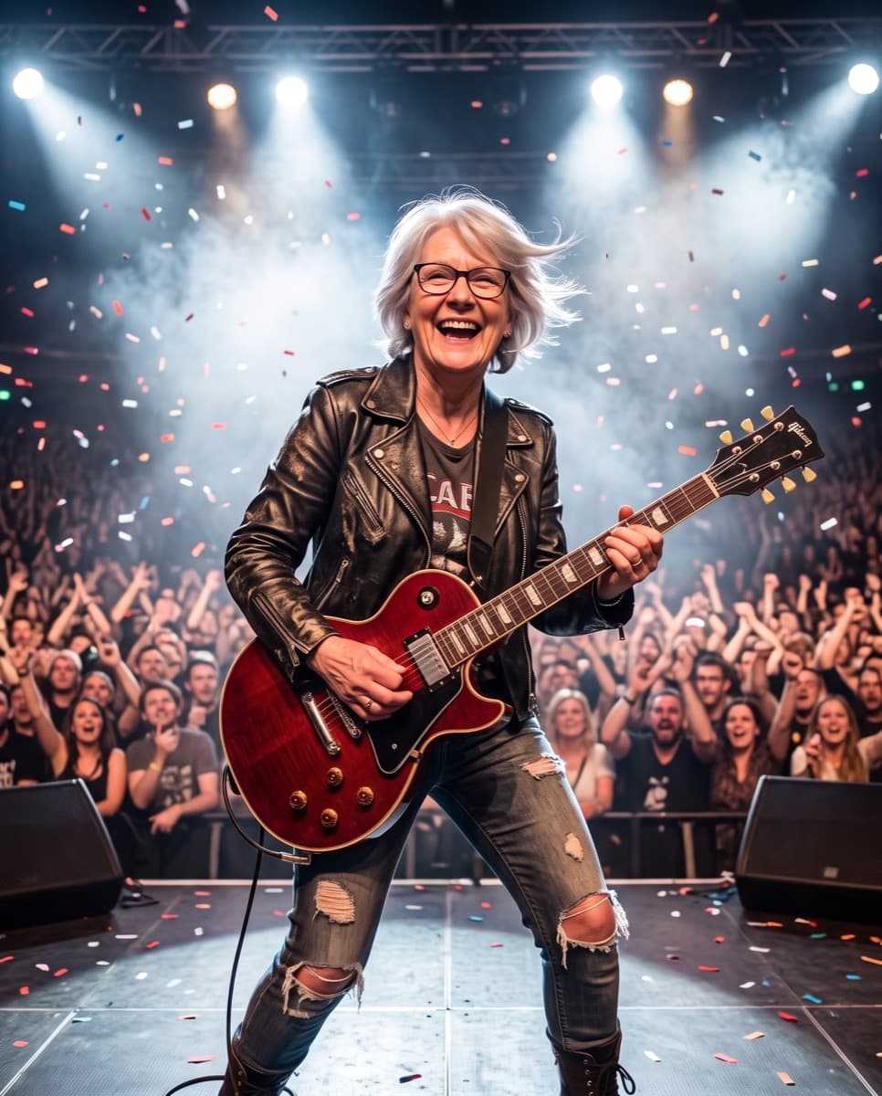 The same grandmother in a leather jacket, playing a red electric guitar on a concert stage