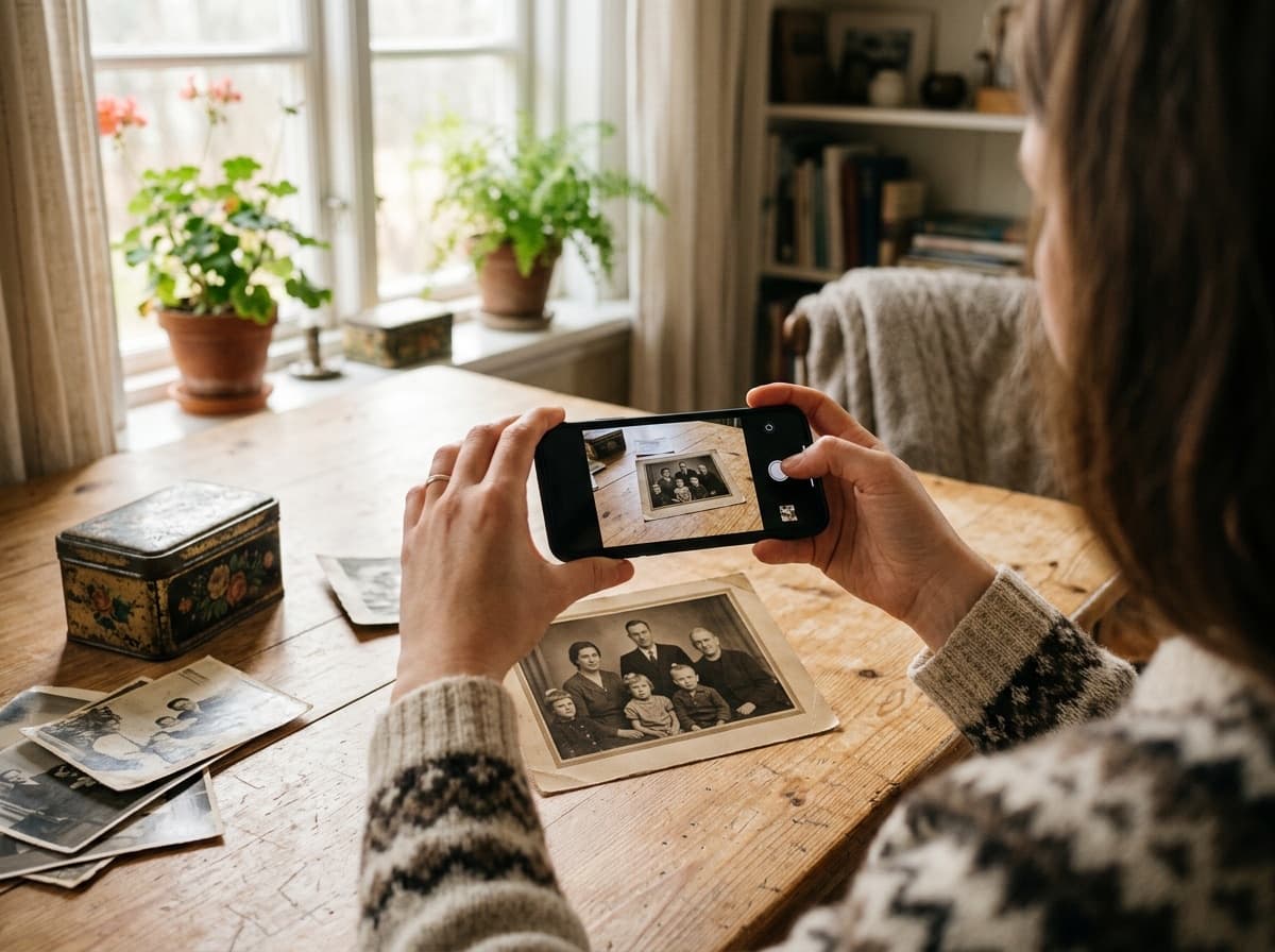 Hands holding a phone level above an old photo print on a table by a window