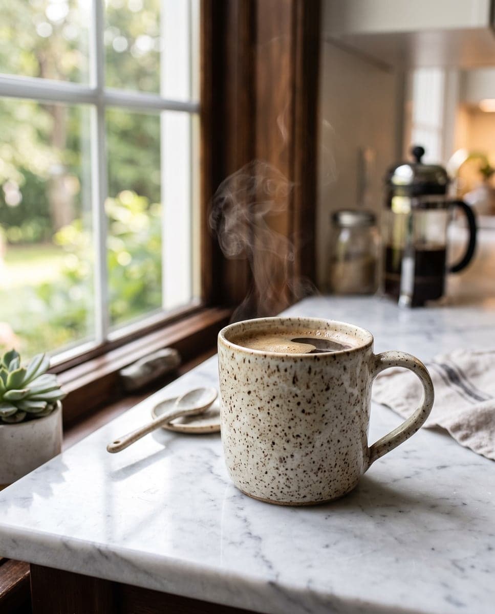 A handmade speckled ceramic mug on a marble counter, soft morning light, product photo