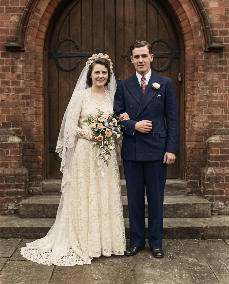 Restored: A 1940s wedding portrait with a torn corner and water damage